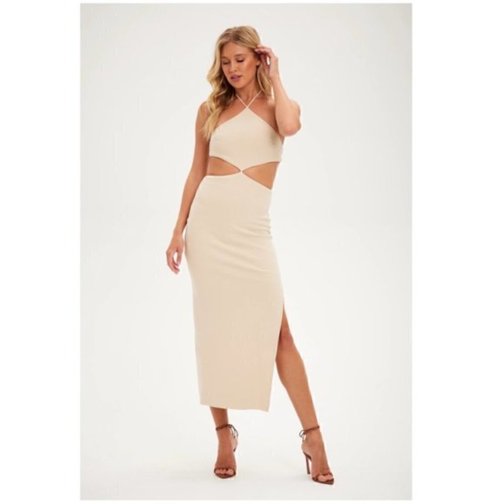 BEC & BRIDGE Iris Cut-Out Halter Midi Dress Side Slit in Cream Beige Size US 8
